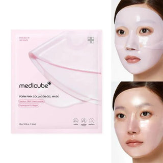 medicube PDRN Pink Collagen Gel Mask with woman wearing it
