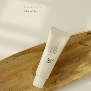 a tube of Relief Sun Rice + Probiotics SPF50+ PA++++