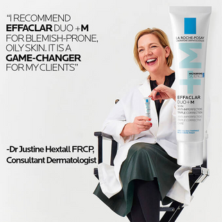 dermatologist holding LA ROCHE-POSAY Effaclar Duo+M Anti-Blemish Corrective Gel Moisturizer 40mL