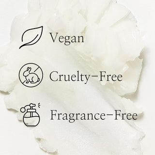 text written 'vegan', cruelty-free', 'fragrance free' with small icons