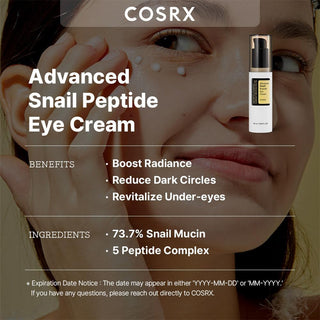 woman with COSRX Advanced Snail Peptide Eye Cream on her face
