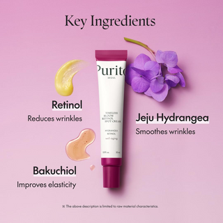 PURITO SEOUL Timeless Bloom Retinol Spot Cream tube with key ingredients