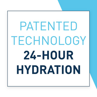 'patended technology 24-hour hyderation' written on a white and blue background