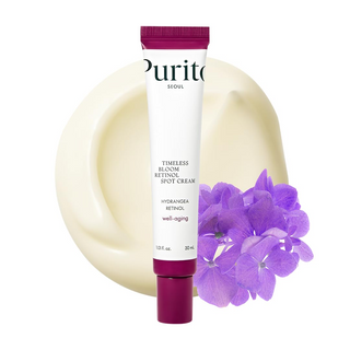 PURITO SEOUL Timeless Bloom Retinol Spot Cream wth product swatch and flowers