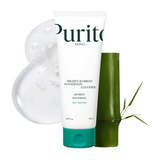 PURITO Mighty Bamboo Panthenol Cleanser tube placed with a bamboo plant