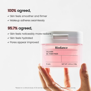 a hand holding BIODANCE Collagen Gel Toner Pads container
