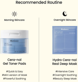 BIODANCE Cera-nol Gel Toner Pads (60 Pads/140g) and hydro cera-nol real deep mask placed side-by-side