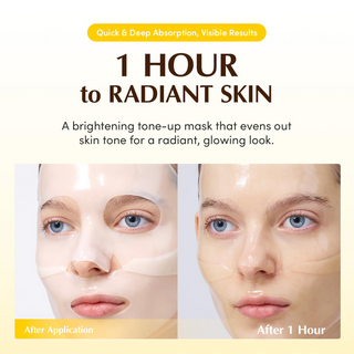 Before and after application of a brightening tone-up mask on a woman's face