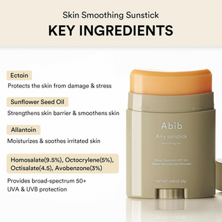 Abib Airy Sunstick Smoothing Bar with key ingredients