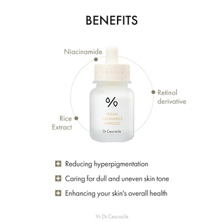 Dr.Ceuracle Vegan Niacin & Rice Ampoule bottle with benefits labeled