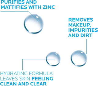 Product features with water droplets and text on a white background