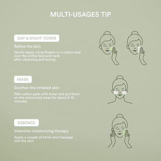 Instructions for using Abib Heartleaf Calming Toner Skin Booster with illustrations