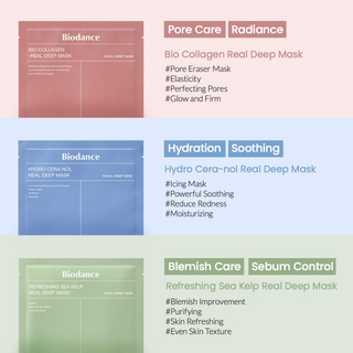 3 masks bio collagen real deep mask, hydro cera-nol real deep mask, refreshing sea kelp real deep mask are shown