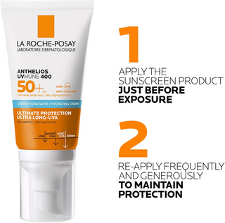 directions to use LA ROCHE-POSAY Anthelios UVMune 400 Hydrating Sun screen SPF50+ 50mL