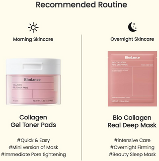 BIODANCE Collagen products with morning and overnight skincare routines on a white background