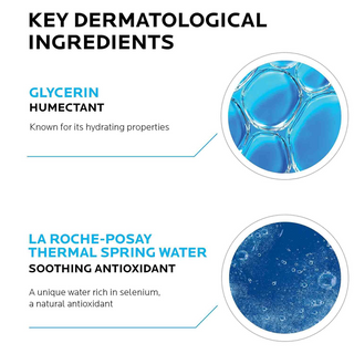 Key dermatological ingredients with images of glycerin and La Roche-Posay thermal spring water