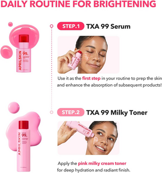 woman showing daily routine of using APRILSKIN TXA+Niacinamide 99 Pink Milky Toner