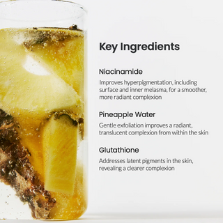 glass filled with pineapple and water with key ingredients written on side