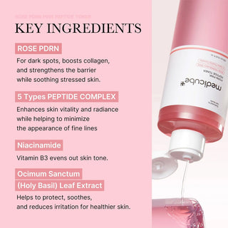 open bottle of medicube PDRN Pink Cica Soothing Toner with product dispensed out.