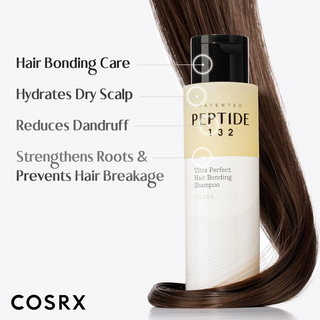 a bottle of COSRX PEPTIDE 132 Hair Bonding Shampoo with a hair strand