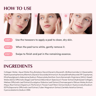 instructions to use EQQUALBERRY Collagen Pore-Tight Up Gel Toner Pads with ingredients list