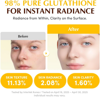 before and after comparision of skin texture, radiance, and clarity with 98% pure glutathione