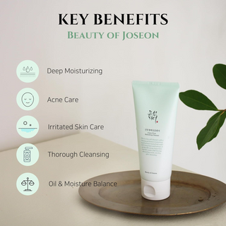Beauty of Joseon Green Plum Refreshing Cleanser tube on a metallic plate