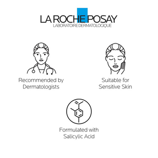icons showing dermatologist recommendation, suitability for sensitive skin, and salicylic acid formulation