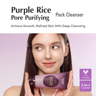 woman holding EQQUALBERRY Purple Rice Pore Purifying Pack Cleanser 130g tube