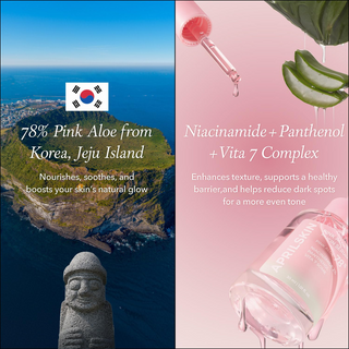 APRILSKIN Pink Aloe Mucin Serum bottle and jeju island