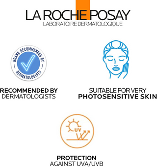 infographics with dermatologists recommended, photosensitive skin suitability and protection against UVA/UVB