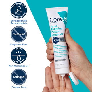 CeraVe Acne Foaming Cream Cleanser product dispensed on hand