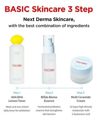 TOCOBO AHA BHA Lemon Facial Toner 150 mL, bifida biome essence and multi ceramide cream products placed in line
