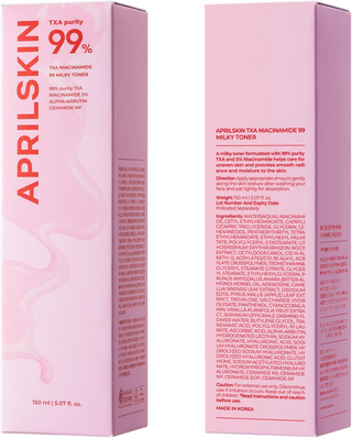 front and back side box packaging of APRILSKIN TXA+Niacinamide 99 Pink Milky Toner
