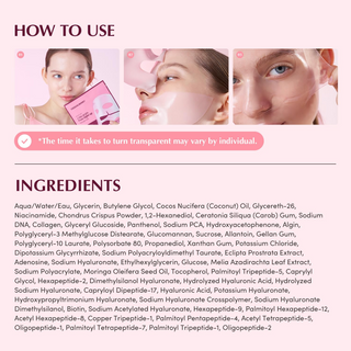 instructions to use EQQUALBERRY Collagen Pore-Tight Up Mask sheets with ingredients list