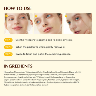 instructions to use EQQUALBERRY Collagen Glow Up Gel Toner Pads with ingredients list