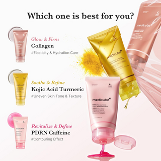 Medicube collagen, kojic acid turmeric and PDRN face mask tubes with benefits listed