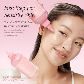 woman applying APRILSKIN Pink Aloe Vita Toner 250mL on her face