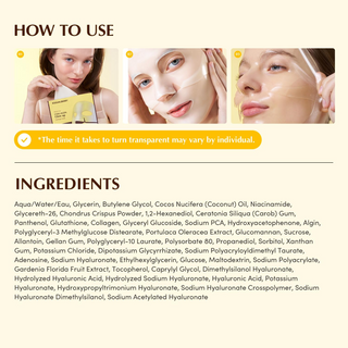 instruction to use EQQUALBERRY Collagen Glow Up Mask with ingredients list