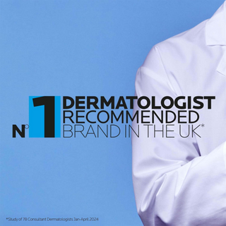 text written 'No. 1 Dermatologist Recommended Brand in the UK' on blue background