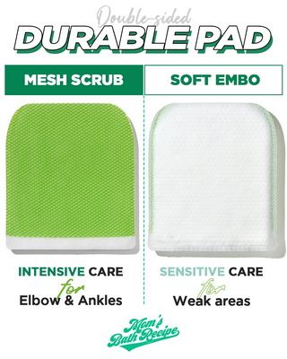 Two durable pads with mesh scrub and soft embossed sides, labeled for intensive and sensitive care
