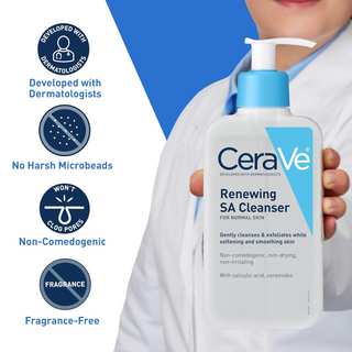 person holding CeraVe Renewing Salicylic Acid Cleanser 237mL bottle