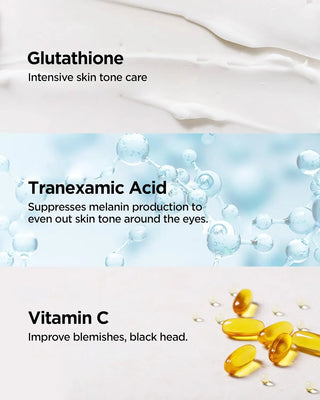 infographic showing glutathione, tranexamic acid and vitamin c effects on skin