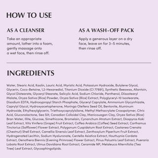 instructions to use EQQUALBERRY Purple Rice Pore Purifying Pack Cleanser with ingredients list