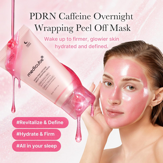 woman wearing medicube PDRN Caffeine Wrapping Mask on her face