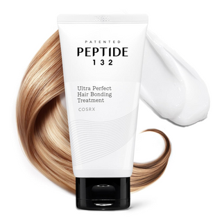 COSRX PEPTIDE 132 Hair Bond Repair Treatment tube with hair strand in the background