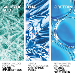 Three panels showing images of salicylic acid, LHA, and glycerin