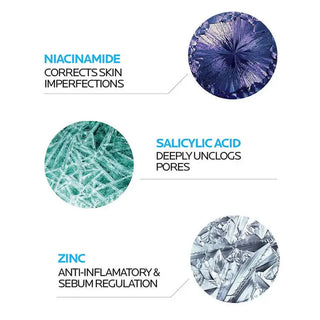Illustration of niacinamide, salicylic acid, and zinc with their benefits