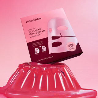 EQQUALBERRY Collagen Pore-Tight Up Mask sheet on a pink jelly surface