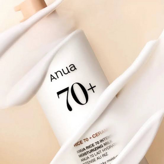 ANUA Rice 70 Intensive Moisturizing Milk bottle with product swatches